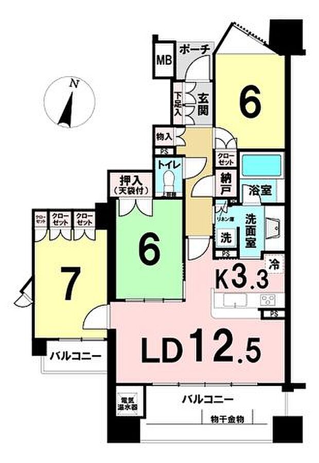 シティハウス長町新都心ル・サンクコート(3LDK) 8階の間取り