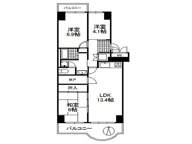 ユニハイム千里丘1号棟(3SLDK) 9階の間取り