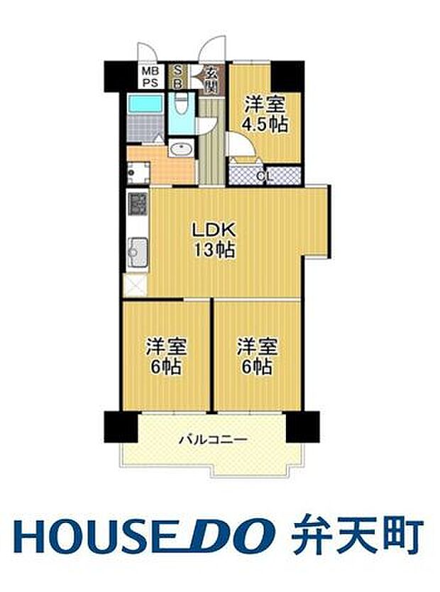 専有面積63.76m2＊7階部分＊角部屋東向きLDK約13帖、洋室約6帖×2・約4.5帖