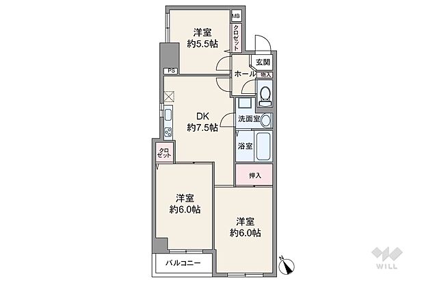 間取りは専有面積53.04平米の3DK。DKが中央に配置されたプラン。個室2部屋にはDKを通ってアクセスするため、家族のコミュニケーションの機会が増えます。