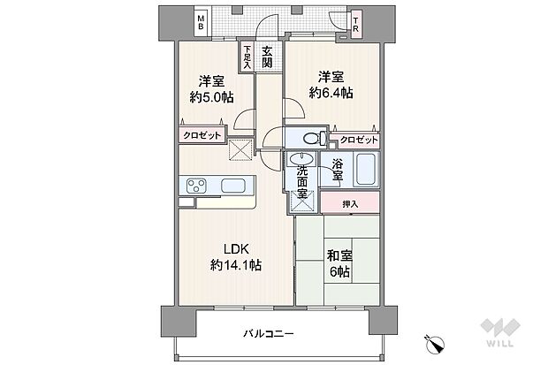 間取りは専有面積67.26平米の3LDK。バルコニー面積は13.20平米です。