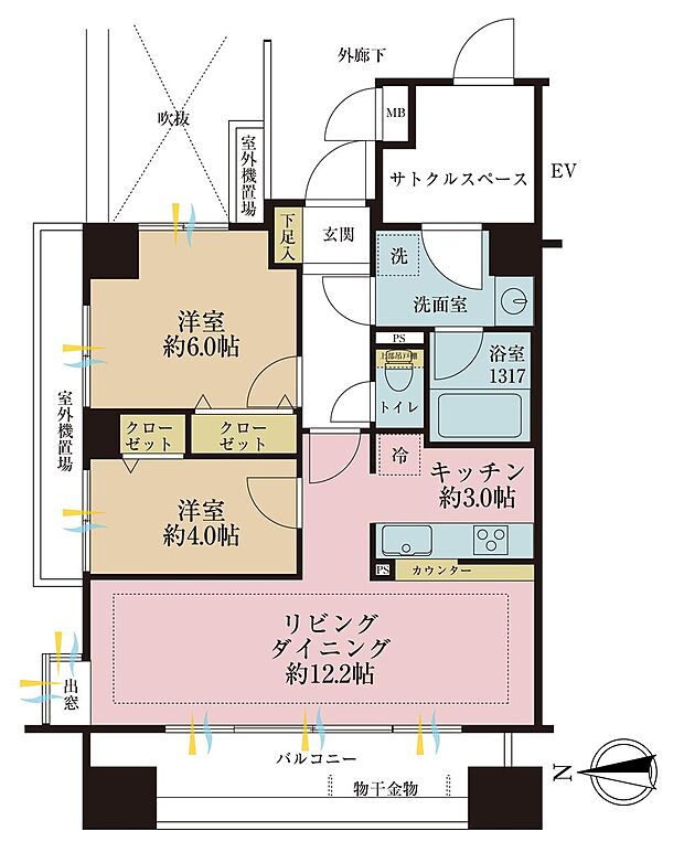 2LDK+S（納戸）専有面積60.81m2、バルコニー面積10.08m2