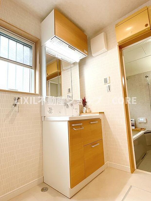 シャワー付きのドレッサーには鏡の裏に収納スペースがあります。充実した洗面化粧台です。　
