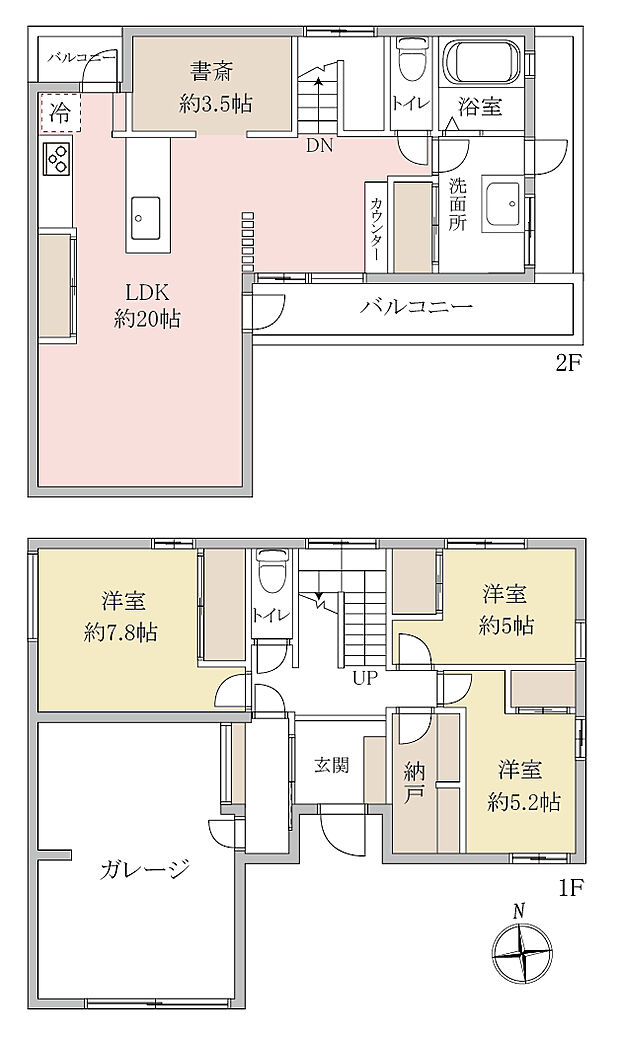 【3LDK+納戸】2階に家族が集うLDKや水回りがまとまった、家事動線の良い間取り