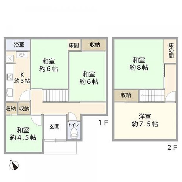 1F：K約3帖/和室約6帖/和室約6帖/和室約4.5帖/浴室/トイレ2F：和室約8帖/洋室約7.5帖