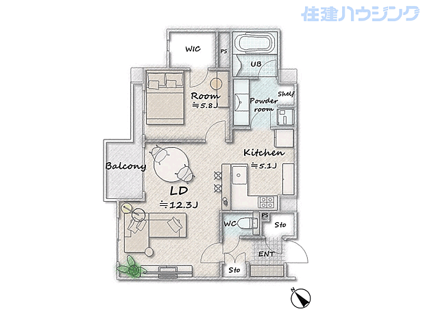 グランドステージ初台(1LDK) 2階の間取り