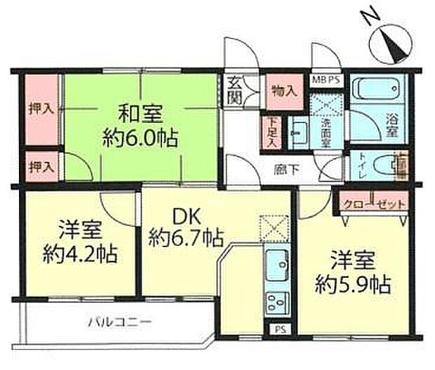 クリオ綱島六番館(3DK) 3階の間取り