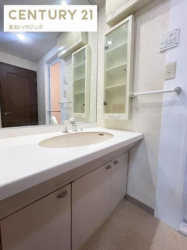 毎日の身だしなみチェックに欠かせない洗面所は、大きなカウンターと鏡付き。