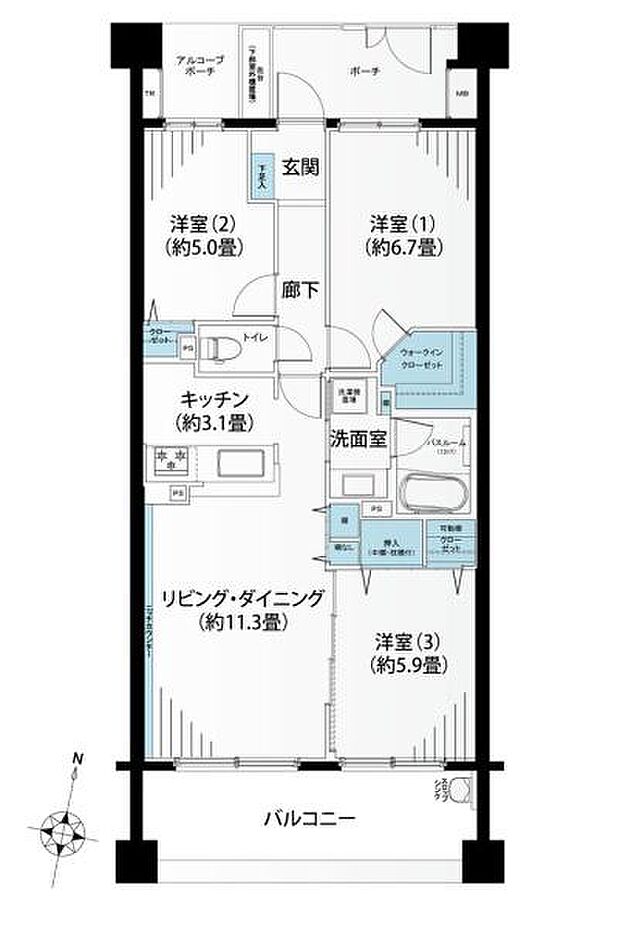 ヴィルヌーブ東戸塚プレジール(3LDK) 4階の間取り