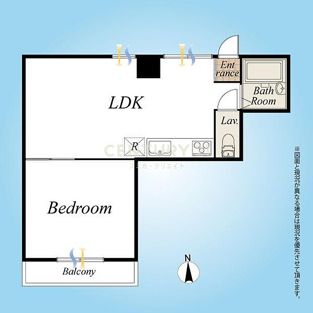 間取り図／南向きバルコニー付き1LDK、家具配置のしやすい綺麗な間取りです