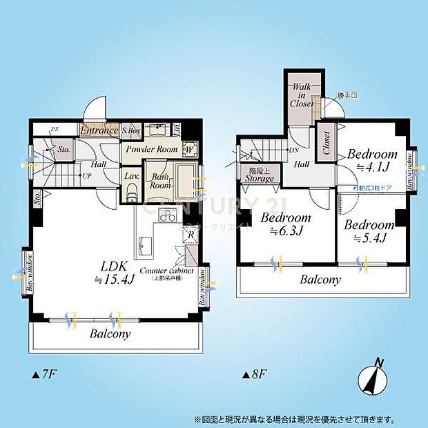 間取図／最上階（7・8階）戸建て感覚で住まうメゾネットタイプ、プライバシー性の高いワンフロア1住戸、三面採光で陽当たり・通風良好です！内装リノベーションを施した綺麗なお部屋で新生活をスタートできます！