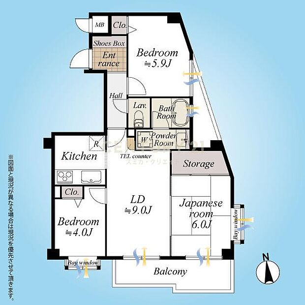 間取図／2階部分南角部屋の3LDK、採光・通風良好！