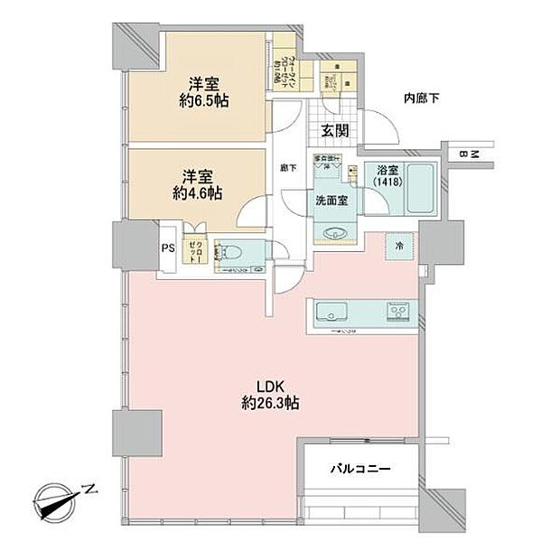 間取図／14階部分南東角住戸、全室南向き2LDK＋Wic＋Sic、約26帖の広々としたリビングからは東京湾を望む開放感あふれる眺望が楽しめます。ペットと一緒に暮らせます！