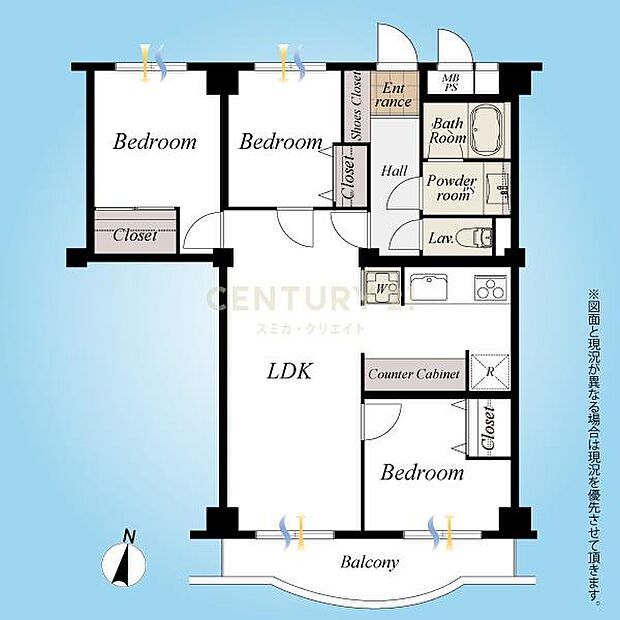 間取図／6階部分南向き3LDK、内装リノベーションにより室内・設備が一新されました！採光・通風・眺望良好です！