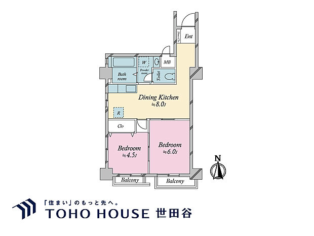 2DK、建物面積44.05m2、バルコニー面積2.9m2