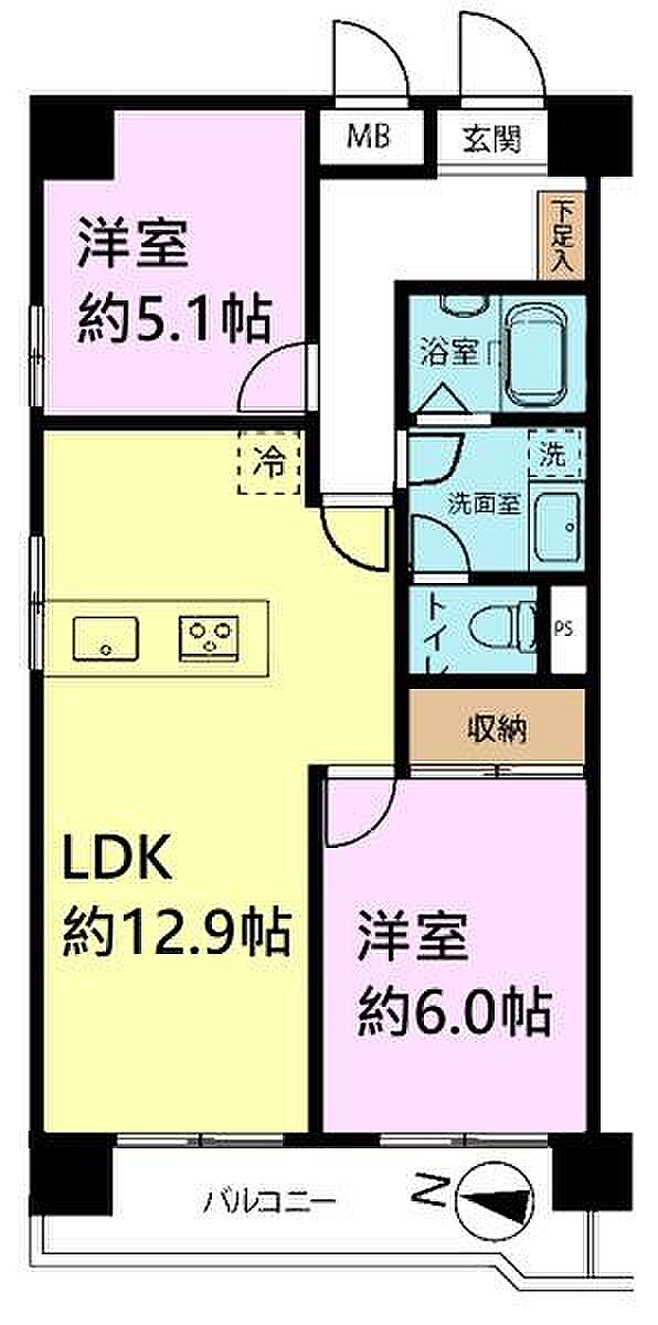 2LDKの魅力的な間取り！LDKはゆったりとした空間で、休日ものびのびと過ごせそうですね。高層階・角部屋！新規内装リノベーション済み！ぴかぴかの室内で新生活を始めませんか？
