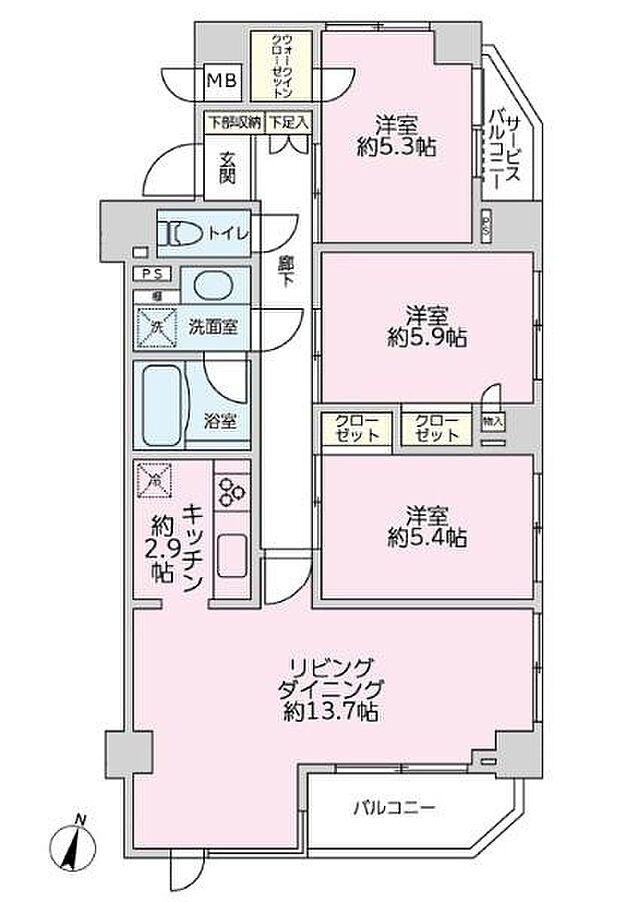 プレミアム大宮(3LDK) 4階の間取り