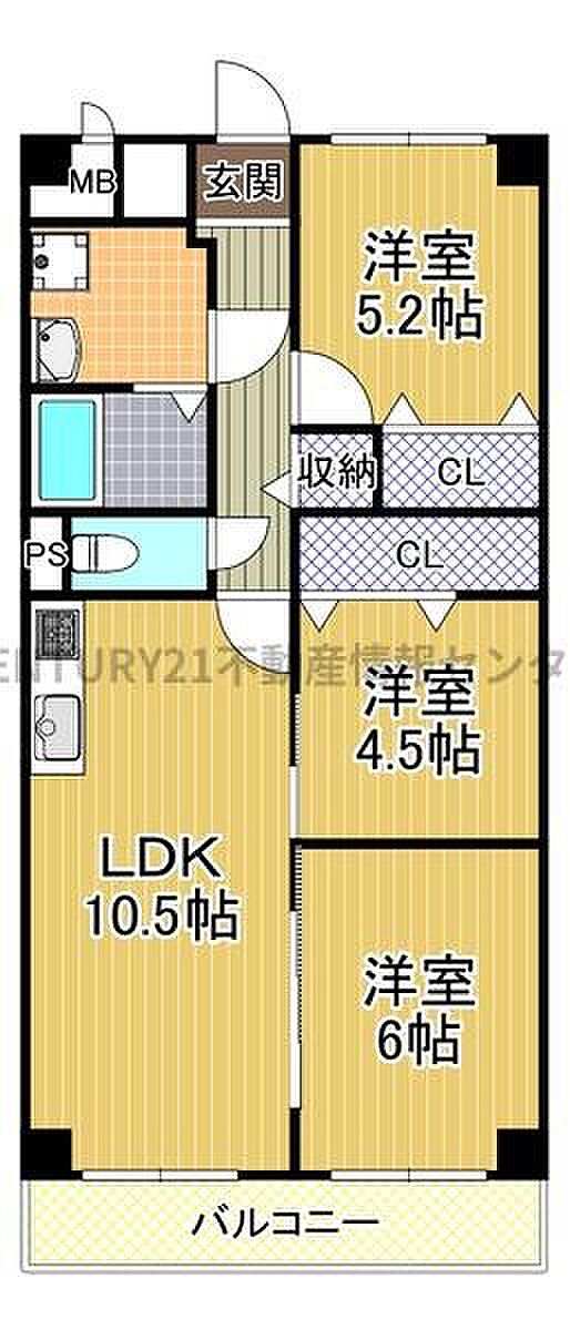 ●3ＬＤＫ●専有面積63．25平米●バルコニー面積7．15平米●南東向きバルコニー