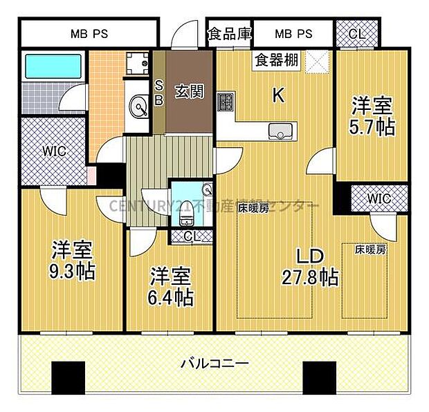 3ＬＤＫ、専有面積113．89平米、バルコニー面積21．67平米