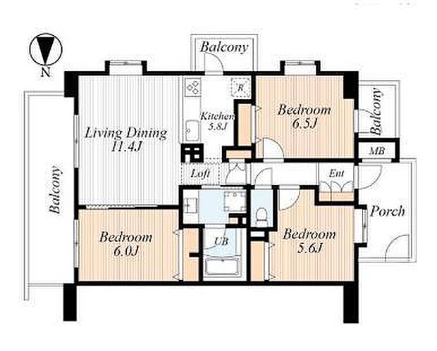 バルコニーに囲まれた東南角のお部屋です。