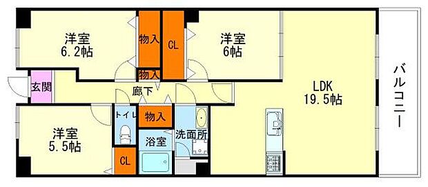 コーストアベニュー岸和田コーポラス2号棟　中古マンション(3LDK) 2階の間取り