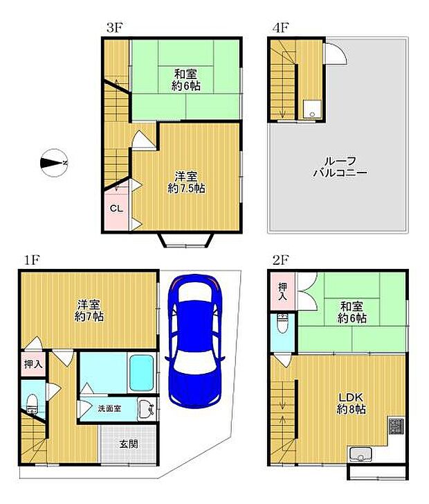 【間取り】4ＬＤＫ広々ルーフバルコニー有！ガレージスペース付きの3階建です