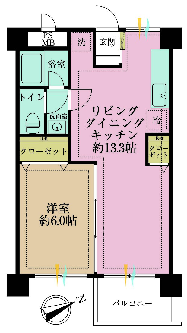 1LDK、専有面積41.85m2、バルコニー面積4.05m2 