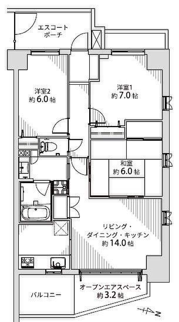 グランシティ川崎パークサイドレジデンス(3LDK) 3階の間取り