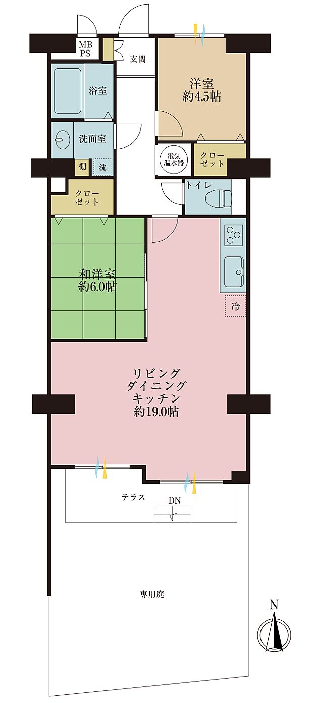 2ＬＤＫ、専有面積71．61平米、テラス面積6．65平米