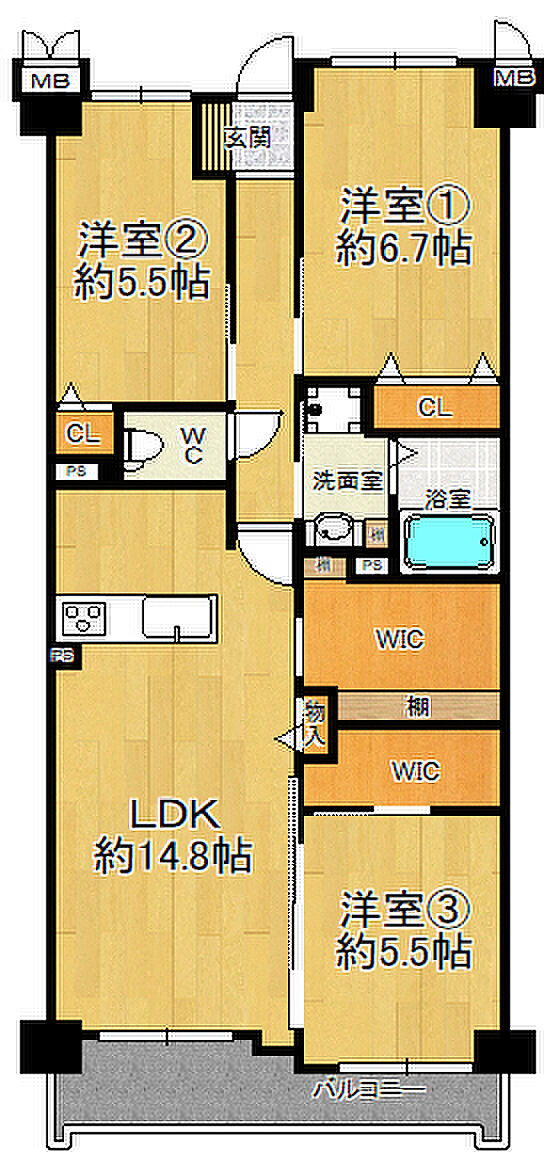 東急ドエルアルス西宮越木岩(3LDK) 6階の間取り