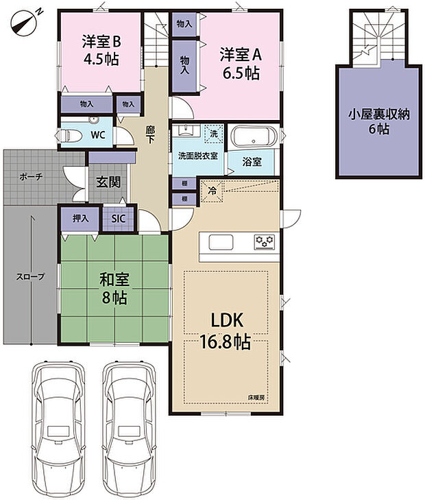 3SLDKの間取り　駐車スペース2台可能。