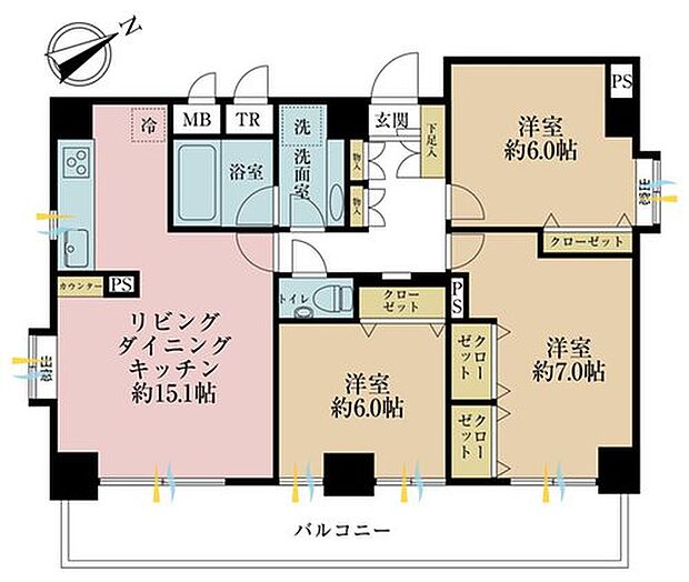 3LDK、専有面積82.85m2、バルコニー面積11m2 