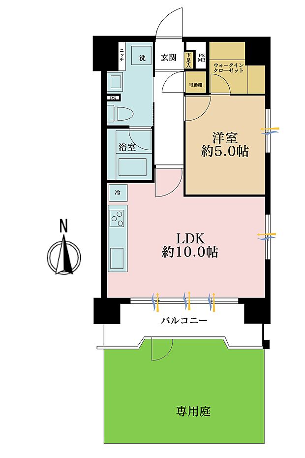 1LDK、専有面積39.5m2、バルコニー面積6.59m2