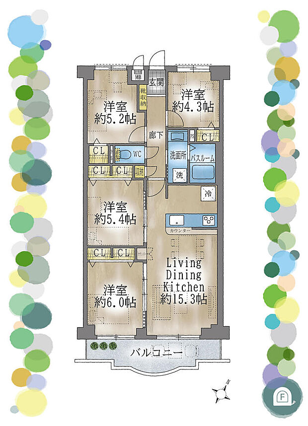 4LDK、専有面積79.38平米、バルコニー面積9.17平米。２０２３年４月リノベーション済！南東向きの約１５.３帖LDKは、陽当たりも通風も良好です。泉丘小学校徒歩５分。アフターサービス保証付です◎