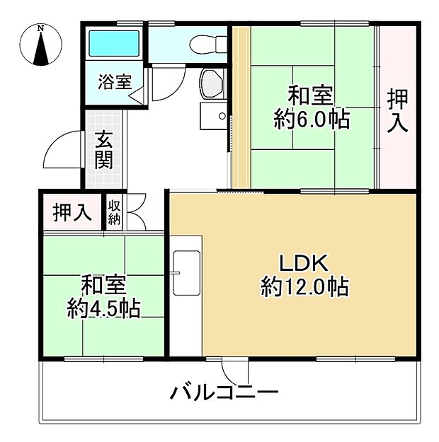 男山第3住宅214号棟(2LDK) 4階の間取り