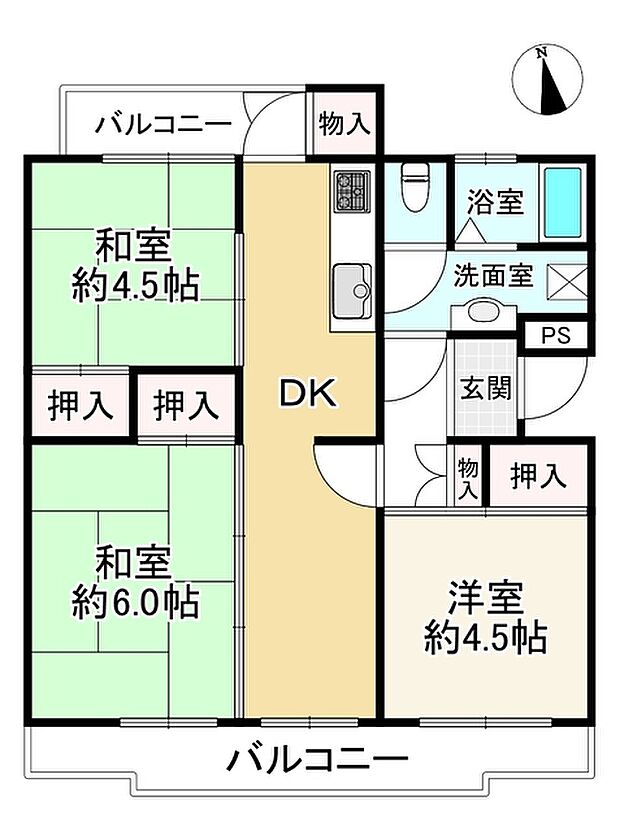 男山第4住宅316号棟(3DK) 2階の間取り