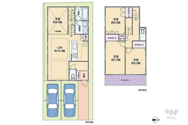 間取りは延べ床面積99.09平米の4LDK。全部屋6帖以上の広さがあるプラン。キッチンと洗面室は直接行き来ができ、家事動線に優れています。