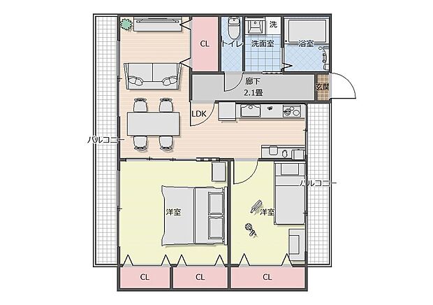 桃山住宅10号棟(2LDK) 5階の間取り