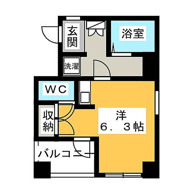 4階、角住戸プランの開放的なお部屋です。6.3帖の広々とした居室スペース、バスルームとトイレが別々で使い勝手が良いレイアウトとなっています