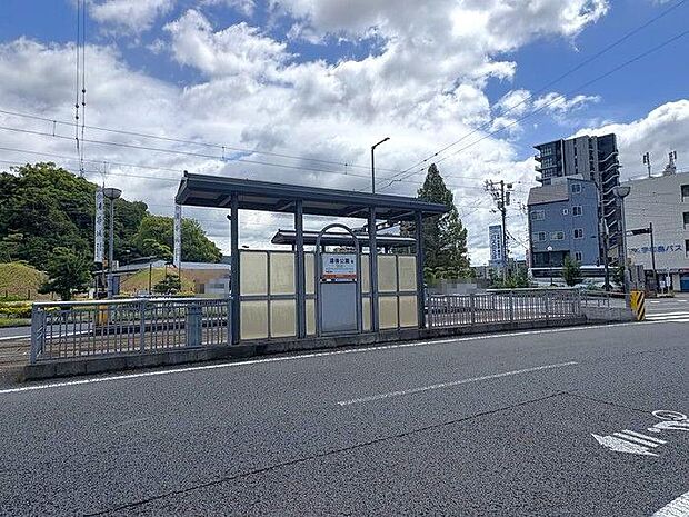 伊予鉄道の路面電車停留所です。道後温泉駅の一駅手前の停留所で、東側には湯築城跡の道後公園があります。