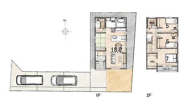 『3LDK+畳コーナー+WIC』・LDK約15.8帖+3帖畳コーナーの1階部分は、キッチンからすべてのスペースを見渡せる仕様。2階は子供部屋が約5帖、主寝室は約7帖+WIC3帖の間取りです。