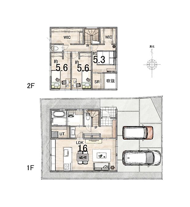 3SLDK、2階建ての木造です♪玄関に収納スペース・キッチン横にユーティリティ・2階にウォークインクローゼットが2か所ある、家族の使いやすい間取りになっております♪内観で是非ご体感下さい♪
