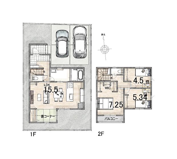3LDK、2階建ての木造です♪リビング横に畳コーナー・2階にウォークインクローゼットがある、家族の使いやすい間取りになっております♪