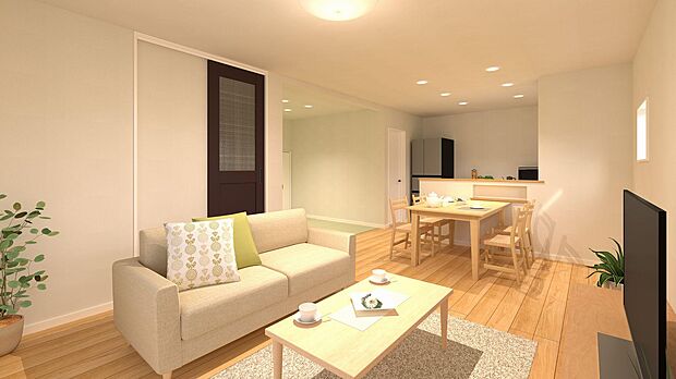 リビング家具設置イメージです♪白い壁紙と木目調の床が、明るくナチュラルな空間を演出しています♪