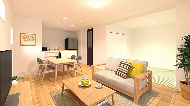 リビング家具設置イメージです♪白い壁紙と木目調の床が、明るくナチュラルな空間を演出しています♪