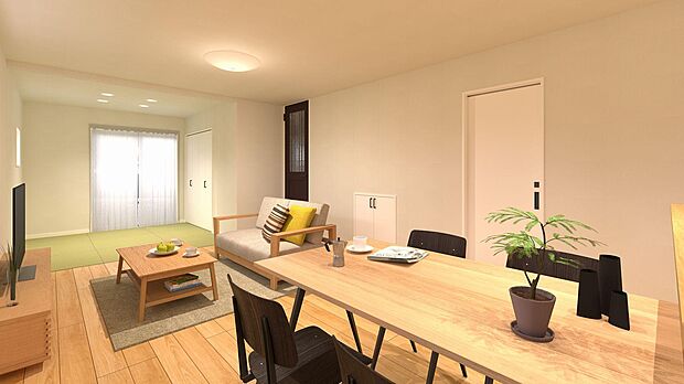 内観の家具設置イメージです♪木目調の床と白を基調とした壁紙が、家族がリラックスして過ごしやすい空間を作っております♪