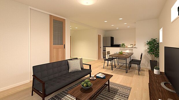 内観の家具設置イメージです♪木目調の床と白を基調とした壁紙♪濃い色合いの家具にもあいますね♪