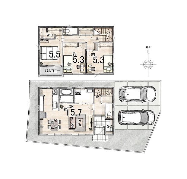 3LDK2階建！玄関にシューズインクローゼット、2階にウォークインクローゼットがある、家族の使いやすい間取りになっております♪内観で是非ご体感下さい♪