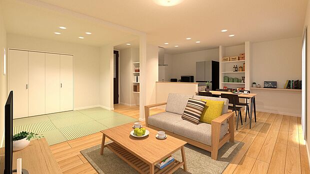 内観の家具設置イメージです♪木目調の床と白を基調とした壁紙が、家族がリラックスして過ごしやすい空間を作っております♪