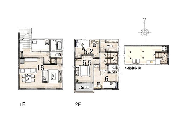 全居室収納スペース付！小屋根収納やウォークインクローゼット付で生活便利♪16帖のLDKは南側大きな窓がついております♪